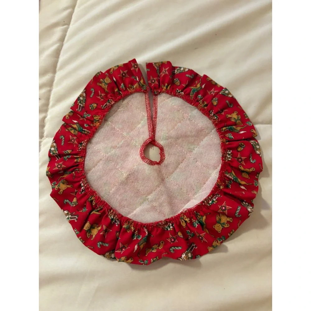 Mini Christmas Tree Skirt 10 Inch Quilted Red Nutcracker Teddy Bear Ruffle Small